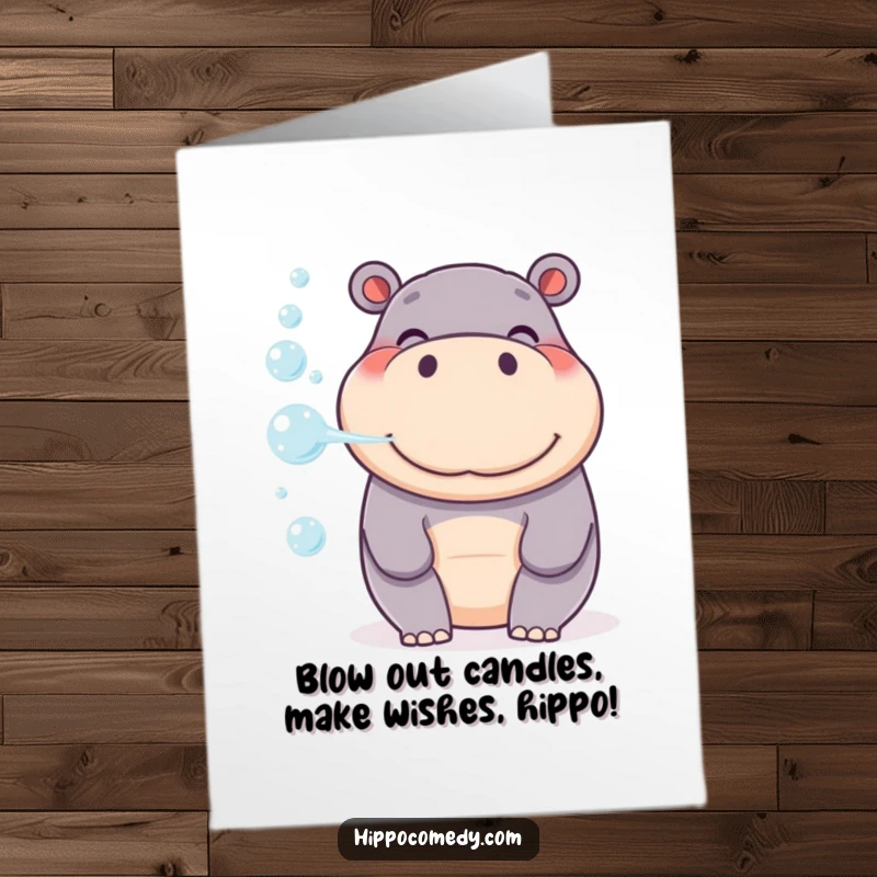 Funny Free Printable Birthday Card: A smiling hippo gently blowing a stream of iridescent bubbles.