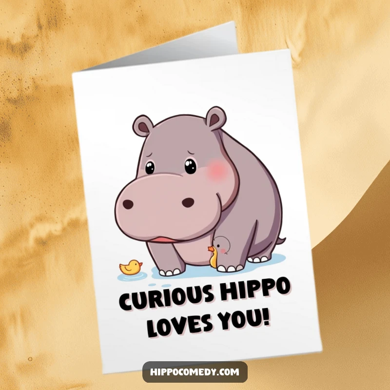 Funny Free Printable Birthday Card: A hippo with a curious gaze watches a tiny floating duck.