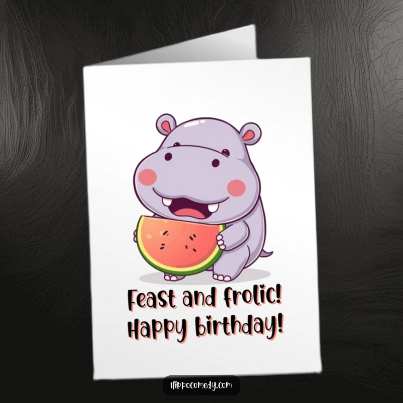 Funny Free Printable Birthday Card: Kawaii hippo with joyful expression, eating a large piece of fruit, a delightful birthday treat.