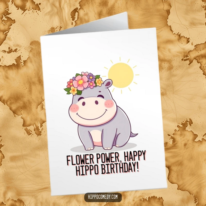 Whimsical Free Printable Birthday Card: A kawaii hippo wearing a flower crown giggles happily in the sun.