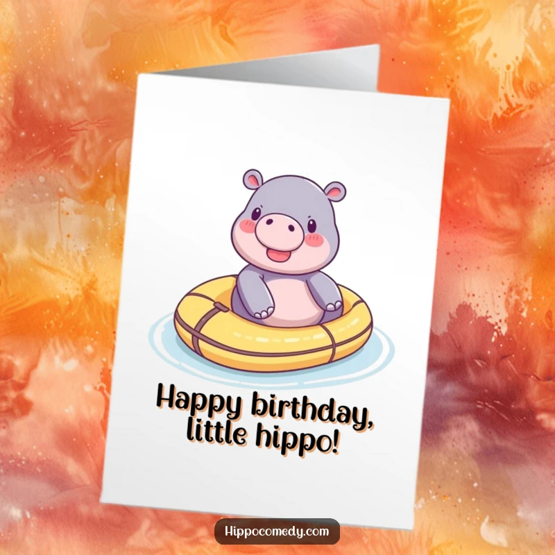 Funny Free Printable Birthday Card: A tiny, happy hippo floats blissfully on a colorful toy raft, enjoying the day.