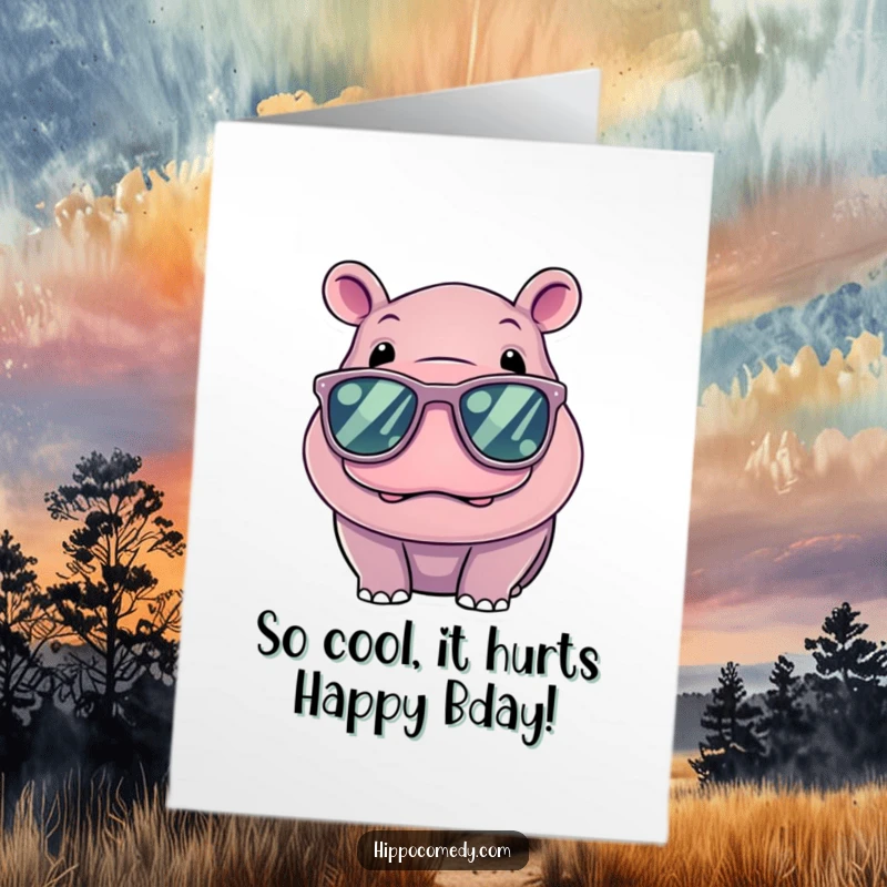Funny Free Printable Birthday Card: Kawaii hippo rocking oversized sunglasses, looking effortlessly cool and trendy.