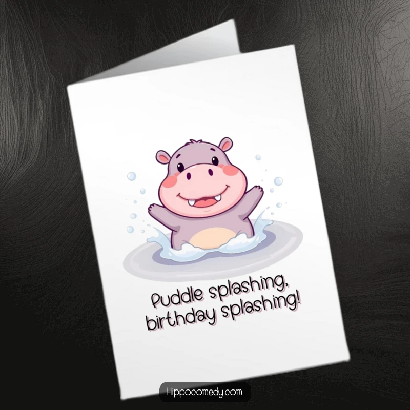 Funny Free Printable Birthday Card: Adorable Hippo happily splashing in a bubbly puddle with pure glee.