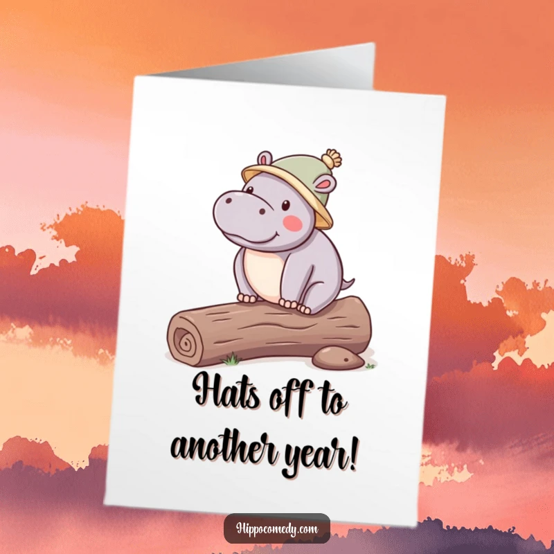 Funny Free Printable Birthday Card: Kawaii hippo wearing a tiny hat, balancing precariously on a log, a whimsical birthday wish.