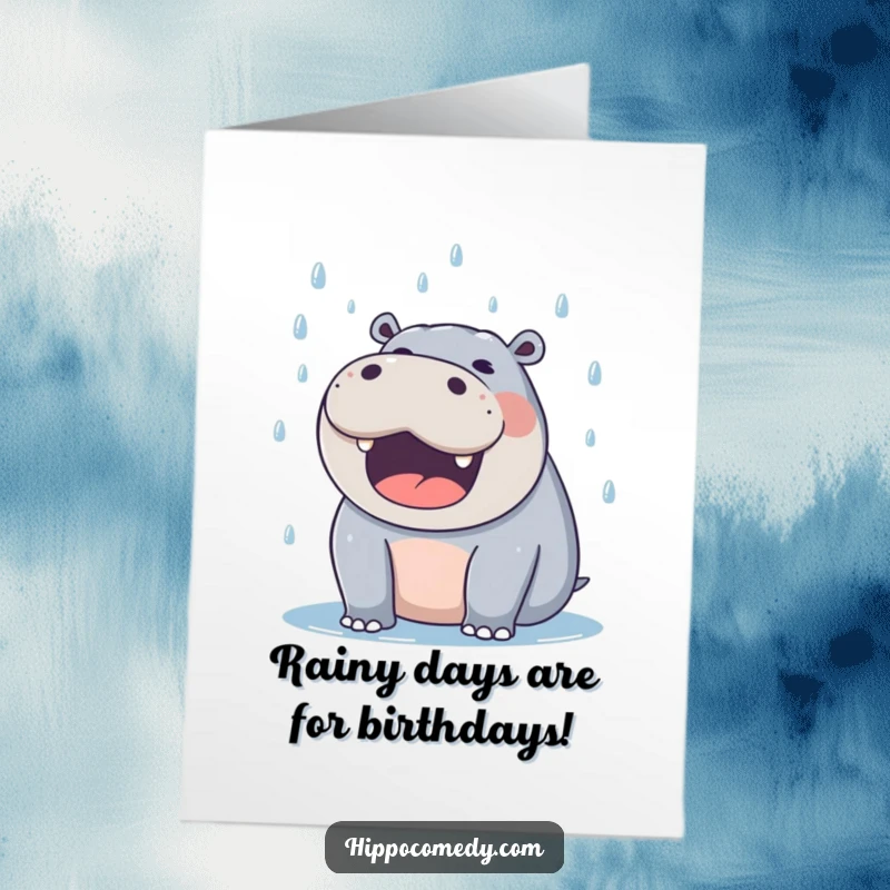 Funny Free Printable Birthday Card: Excited hippo joyfully catching raindrops with its mouth wide open, a delightful celebration download.