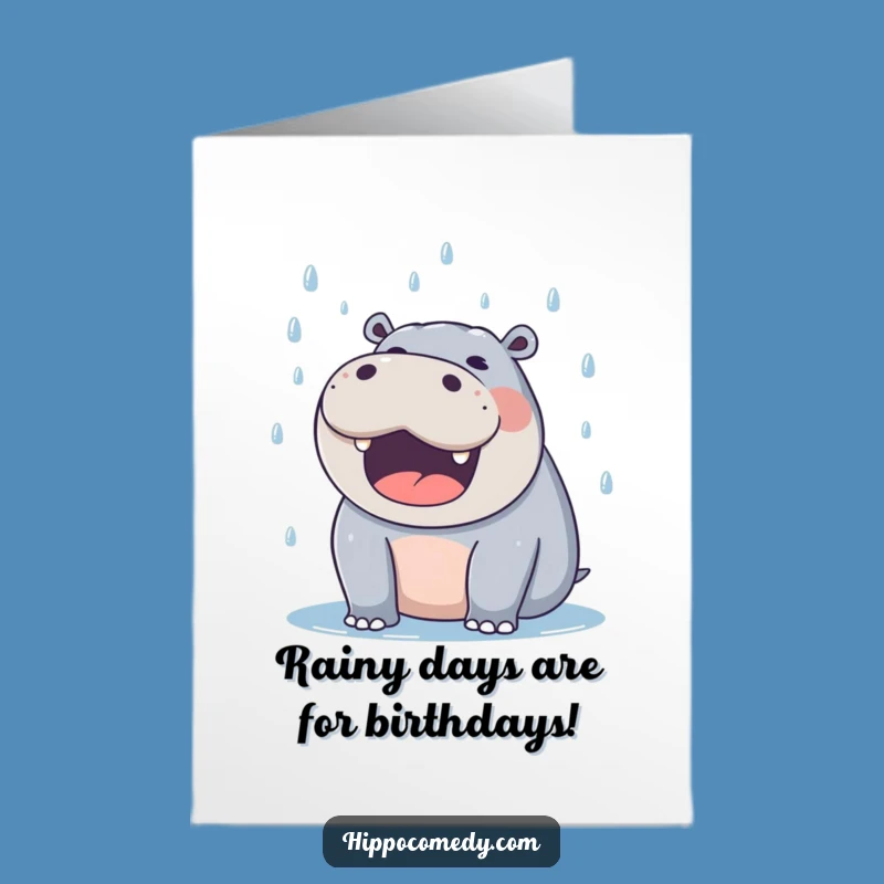 Free Printable Birthday Card: Delighted Hippo Catching Raindrops Funny Downloadable Gift