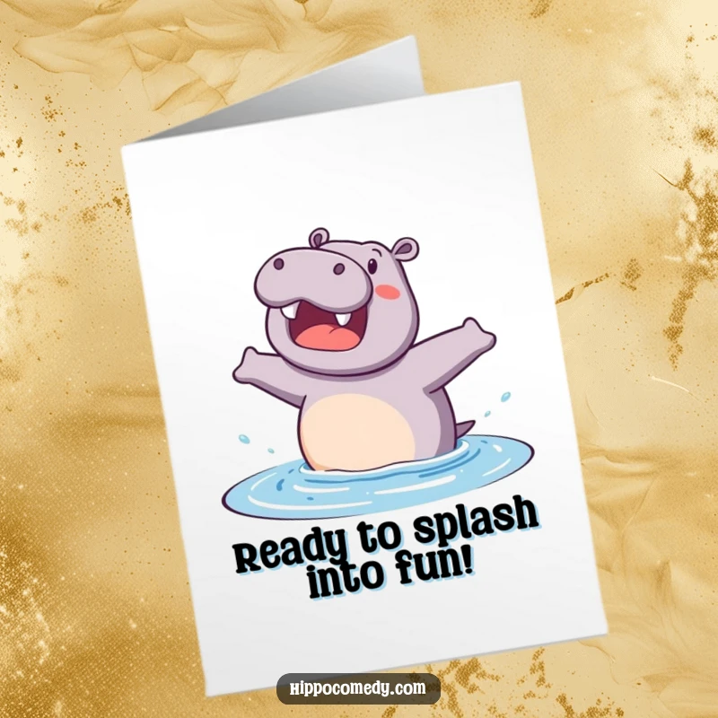 Funny Free Printable Birthday Card: Excited hippopotamus gleefully preparing to jump into water for a fun celebration.