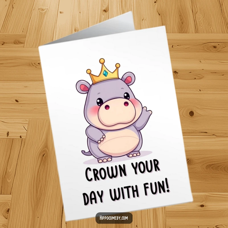 Funny Free Printable Birthday Card: Kawaii hippo king wearing a crown, striking a regal yet comical pose, ready to party.