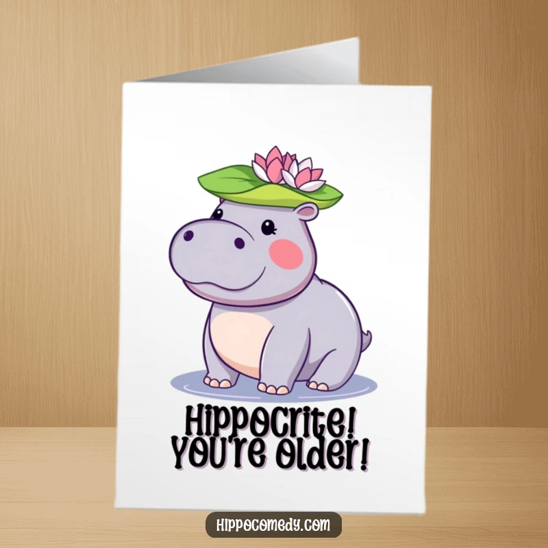 Funny Free Printable Birthday Card: Kawaii Hippo Skillfully Balances Lily Pad on Head in Celebration