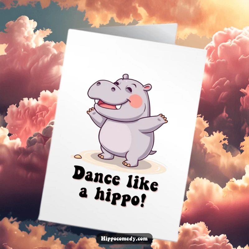 Funny Free Printable Birthday Card: A giggling hippo joyfully performs a silly dance on the sandy shore.