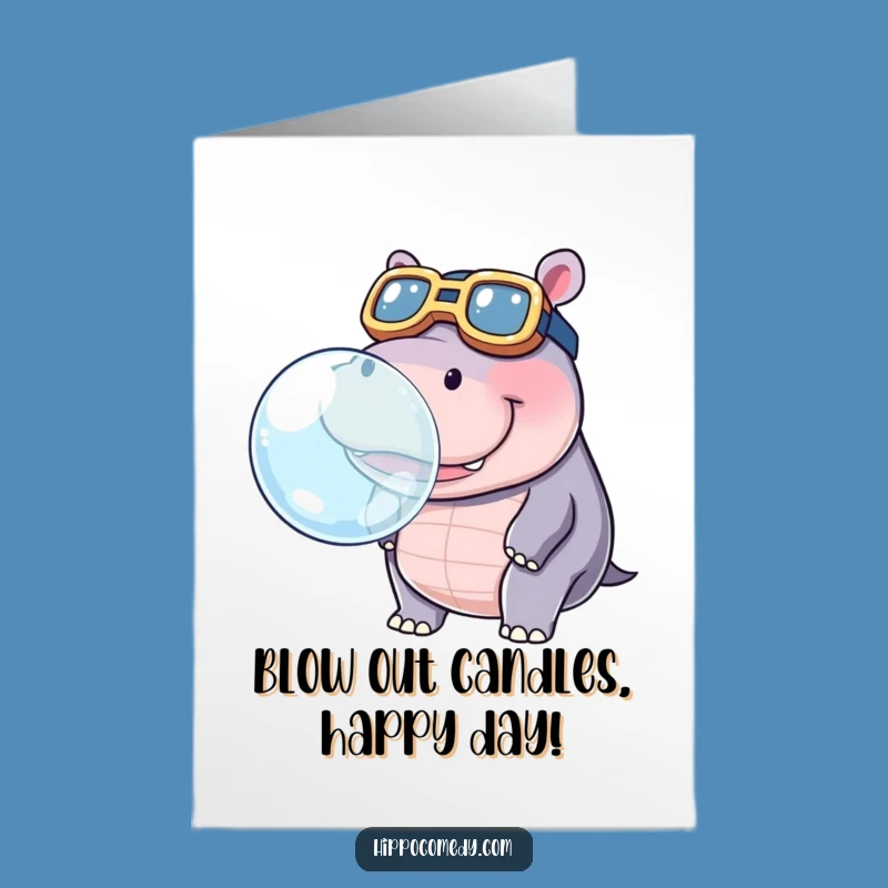 Free Printable Birthday Card: Hippo Blowing Bubble, Goggles, Funny DIY Gift!