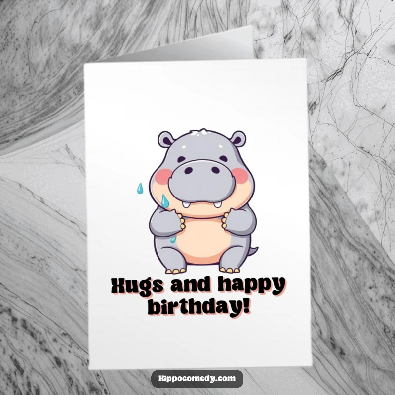 Funny Free Printable Birthday Card: A friendly hippopotamus offering an enormous, wet hug gesture with open arms.