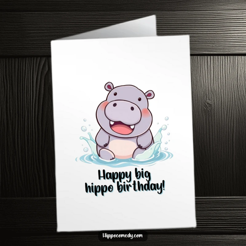 Funny Free Printable Birthday Card: A chubby hippo with a huge smile joyfully splashes in vibrant, colorful water.