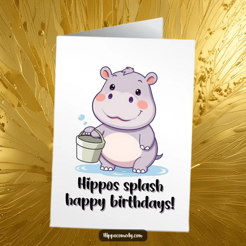 Funny Free Printable Birthday Card: A kawaii hippopotamus holding a bucket, looking eager for a water fight.