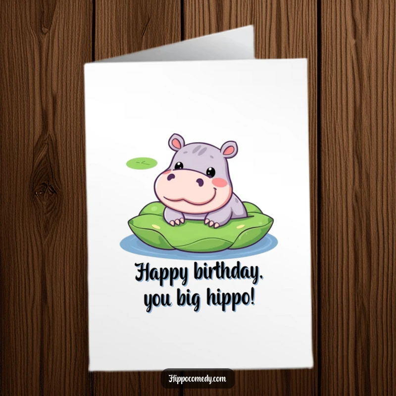 Funny Free Printable Birthday Card: Kawaii hippopotamus with a silly expression, peeking from a lily pad, humorous downloadable greeting.
