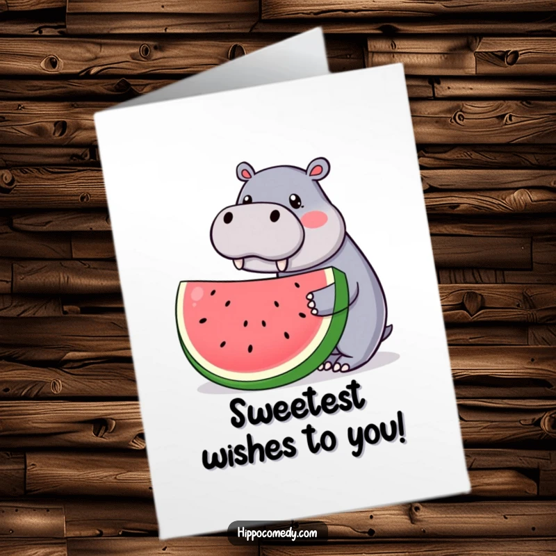 Funny Free Printable Birthday Card: Adorable kawaii hippopotamus offering a huge slice of juicy watermelon with a friendly smile.
