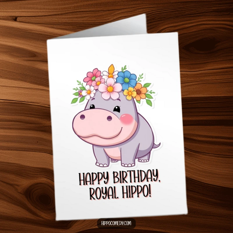 Funny Free Printable Birthday Card: A whimsical hippo proudly wears a beautiful crown crafted from colorful flowers.