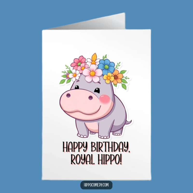Free Printable Birthday Card: Regal Hippo with Flower Crown, Elegant Downloadable Gift