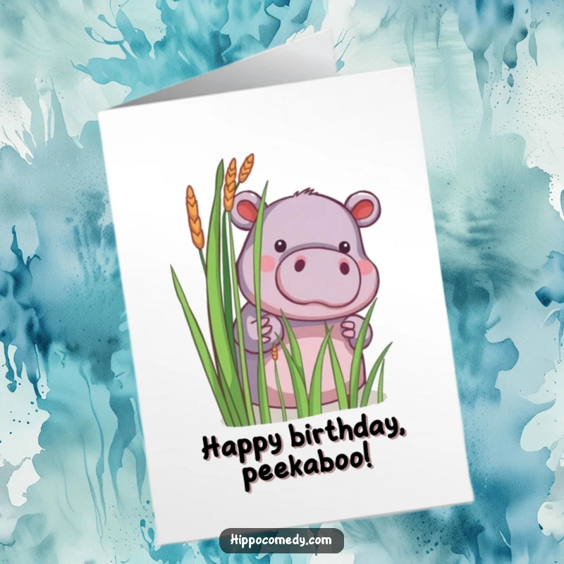 Funny Free Printable Birthday Card: Little hippopotamus peeking out from behind reeds, with wide eyes. Adorable and shy.