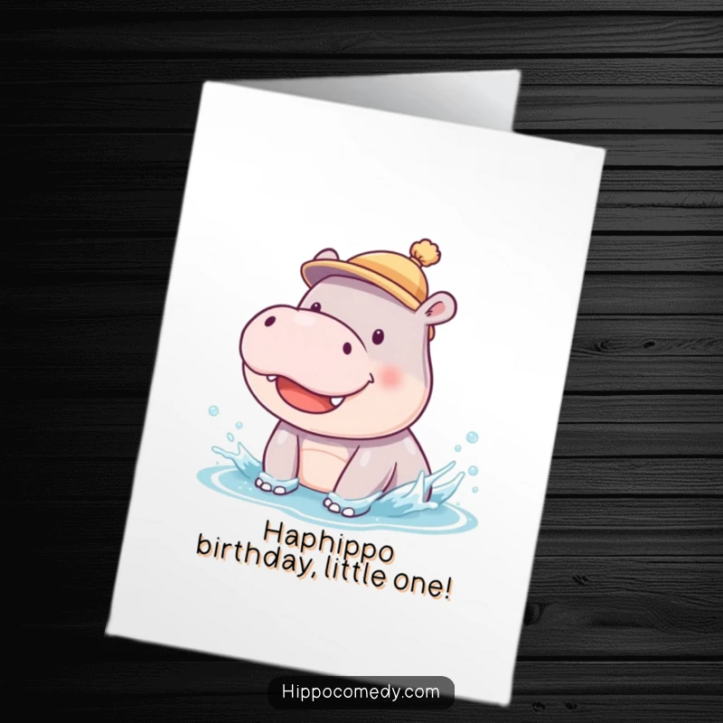 Funny Free Printable Birthday Card: Cute Hippo Cub in a Tiny Hat Splashing Merrily with Wide Grin