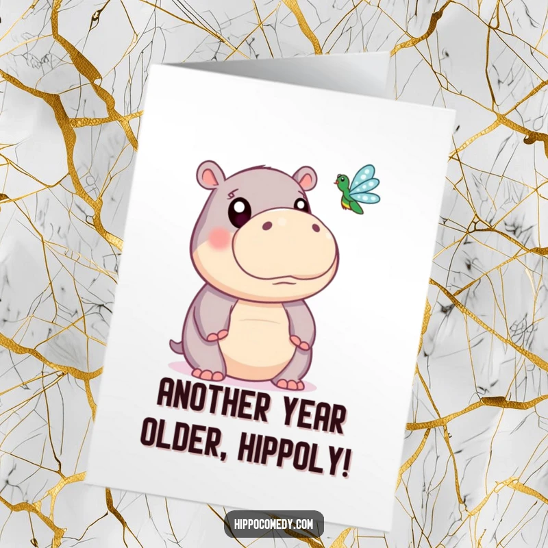 Funny Free Printable Birthday Card: Cute Hippo with Huge Eyes Gazing in Awe at a Tiny Dragonfly