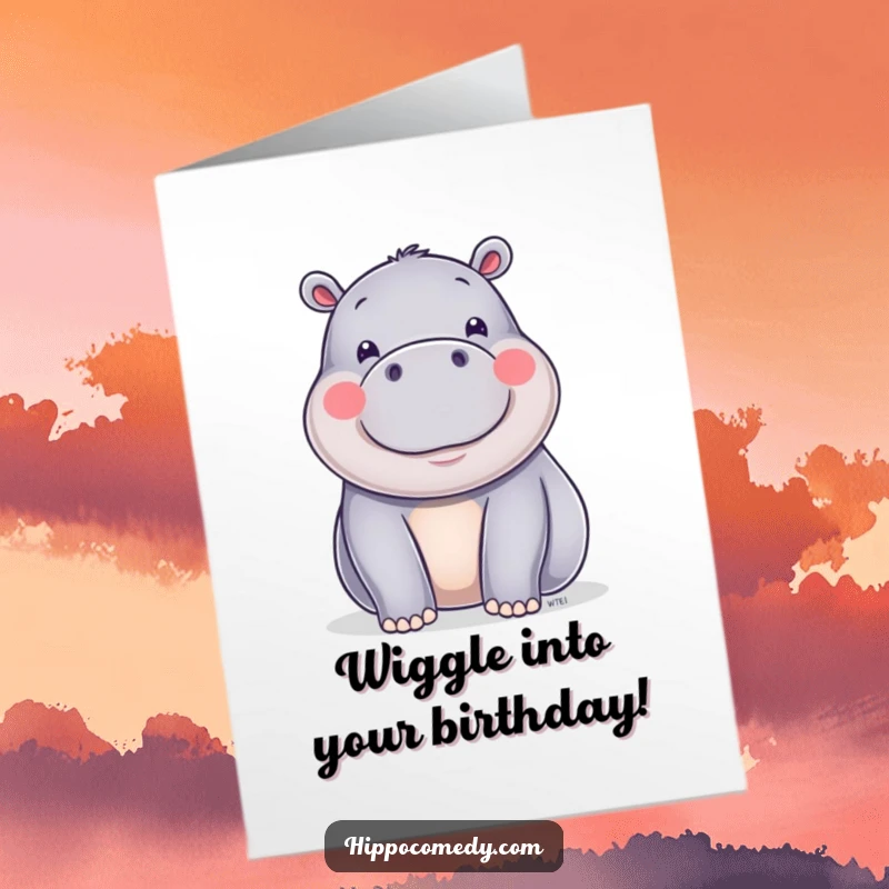 Funny Free Printable Birthday Card: A shiny happy hippo performs a joyful wiggle, spreading birthday vibes and infectious giggles.