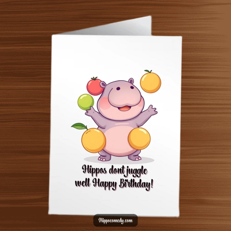 Funny Free Printable Birthday Card: Kawaii hippo comically fumbles juggling three colorful fruits, looking surprised.