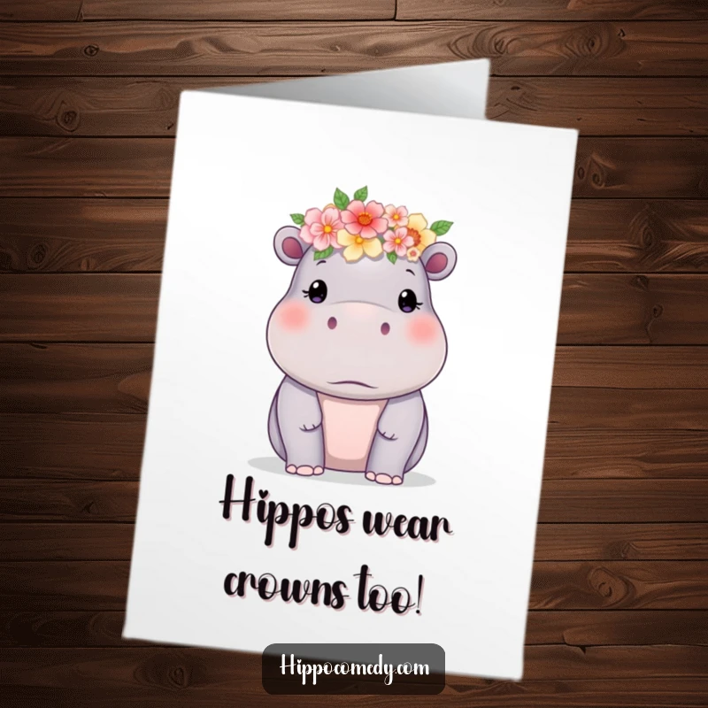 Funny Free Printable Birthday Card: A hippo wearing a delicate flower crown, exuding surprising grace.