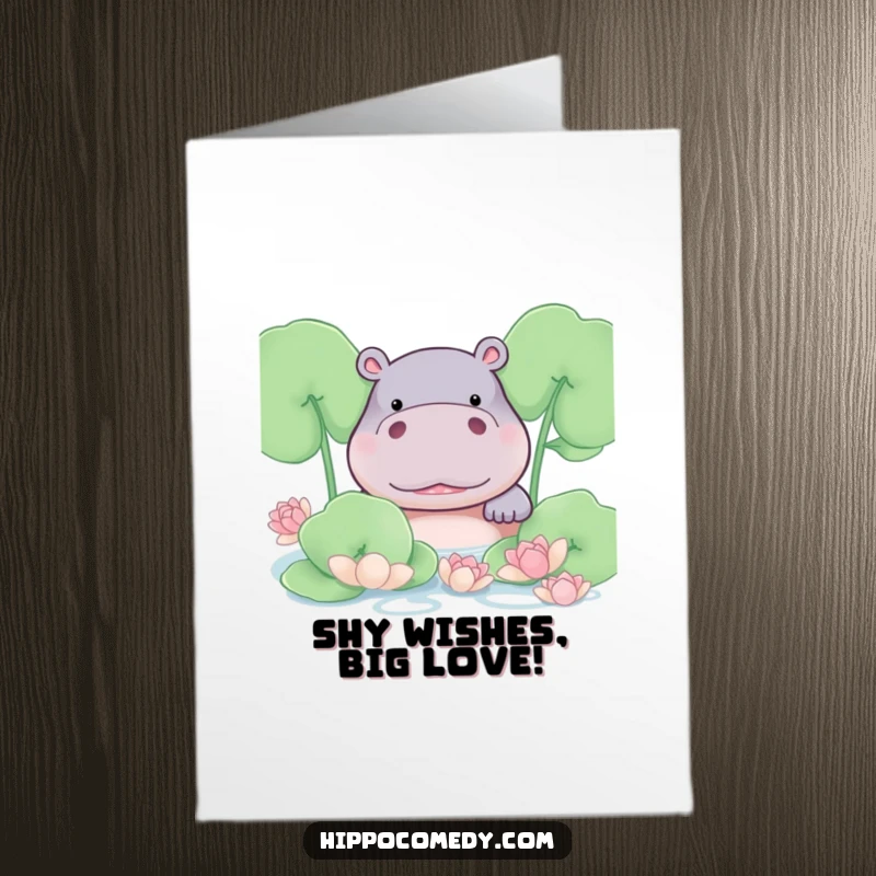 Funny Free Printable Birthday Card: A hippo with a shy blush peeks from behind lily pads.