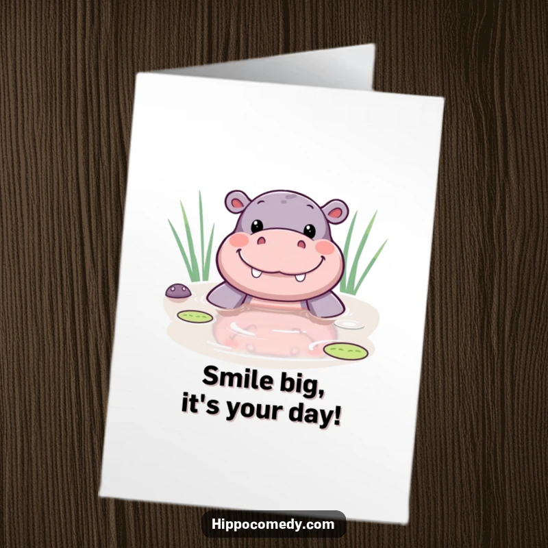 Funny free printable birthday card with a cute kawaii hippo peeking from a pond with a huge smile.