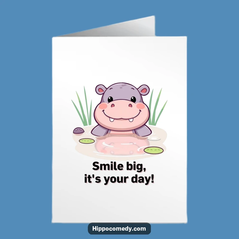 Free Printable Kawaii Hippo Birthday Card: Pond Smile Greeting Download