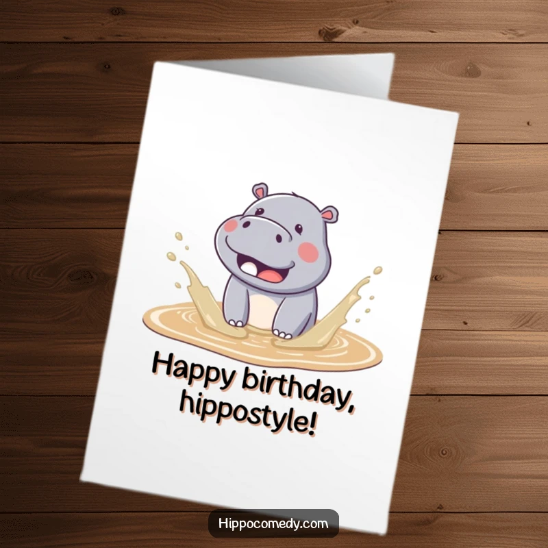 Funny free printable birthday card with a cute kawaii hippo splashing joyfully in a muddy puddle.