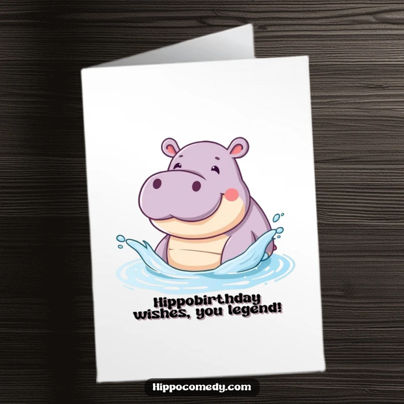 Funny Free Printable Birthday Card featuring a smiling hippo playfully splashing water with its snout, ready to celebrate.