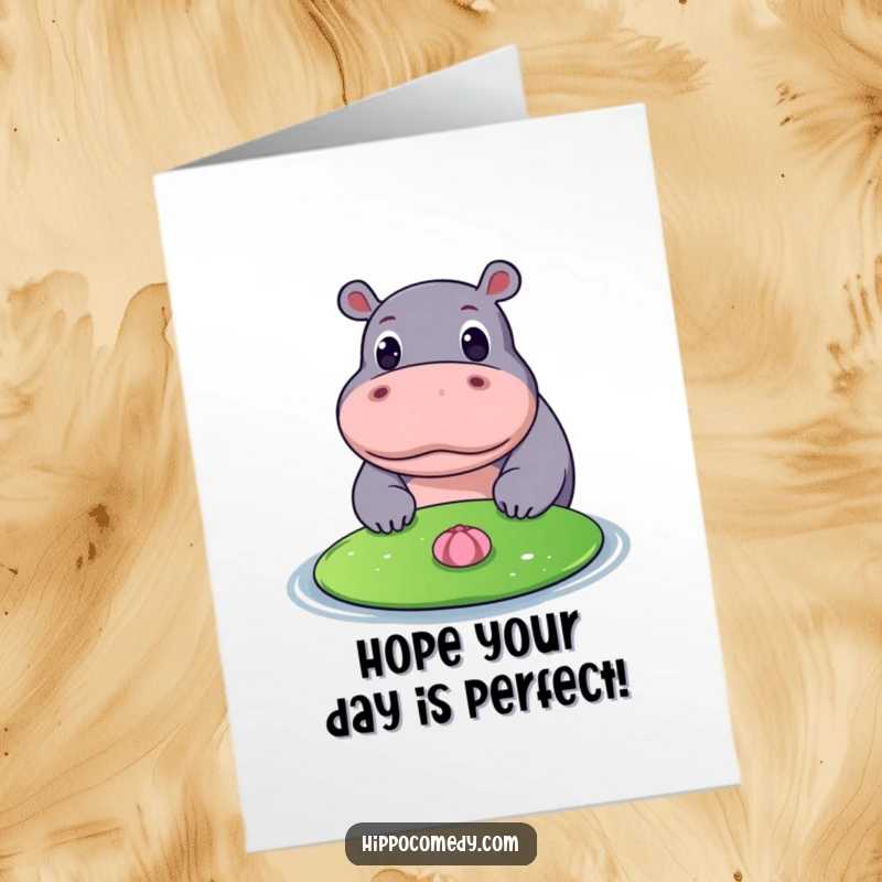 Funny Free Printable Birthday Card featuring a hippo with wide eyes gazing at a floating lily pad, full of anticipation.