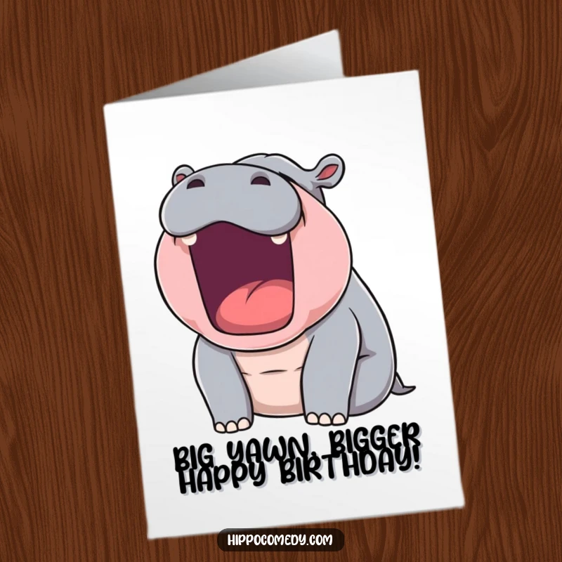 Funny Free Printable Birthday Card: A sleepy hippopotamus stretches its jaw wide in a colossal yawn, ready to wish you fun.
