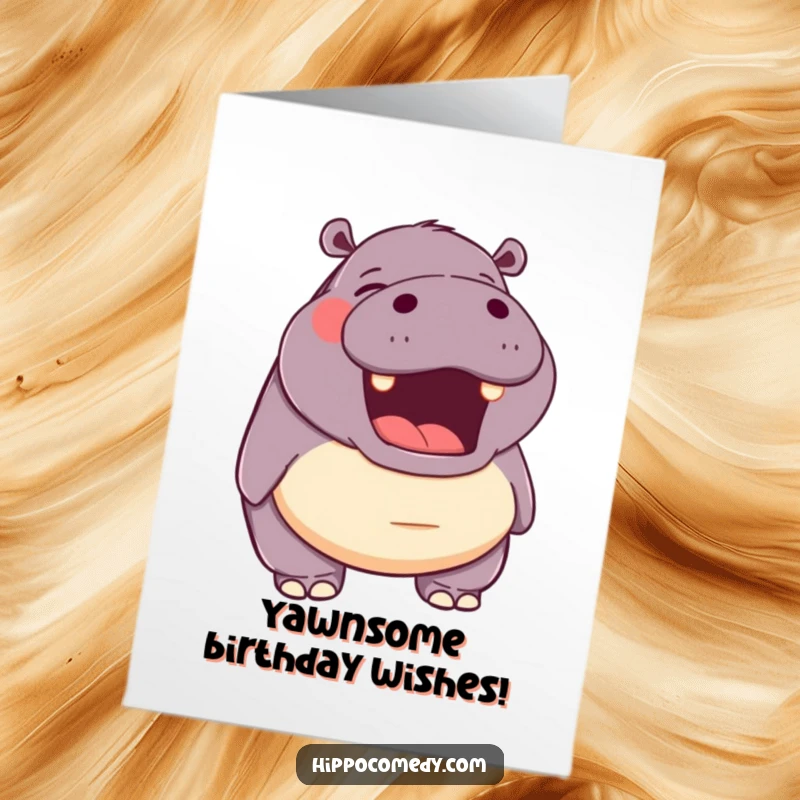 Funny Free Printable Birthday Card showing a hippo with its mouth open in a happy, big yawn, ready to celebrate.