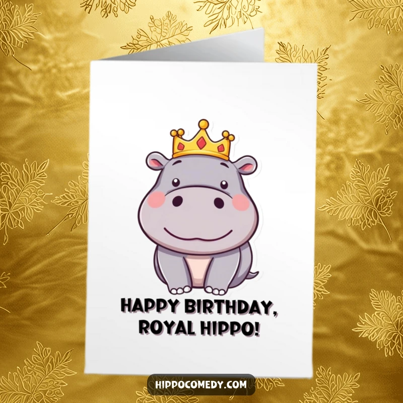 Funny Free Printable Birthday Card: A silly hippo wears a tiny crown, looking very pleased with itself, downloadable birthday joy.