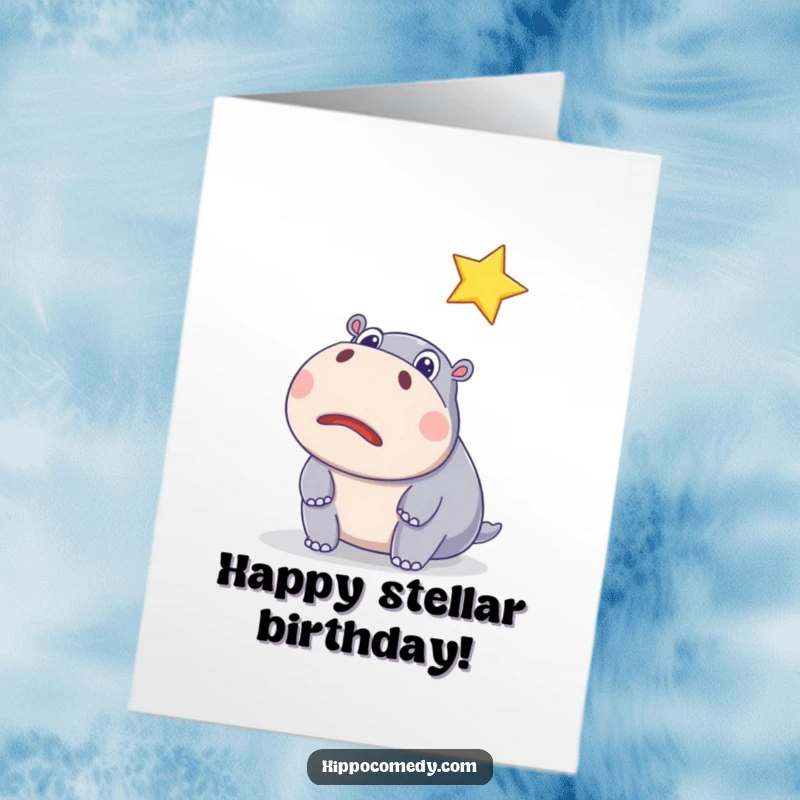 Funny free printable birthday card: A surprised hippo with wide eyes watches a floating, sparkling star in wonder.