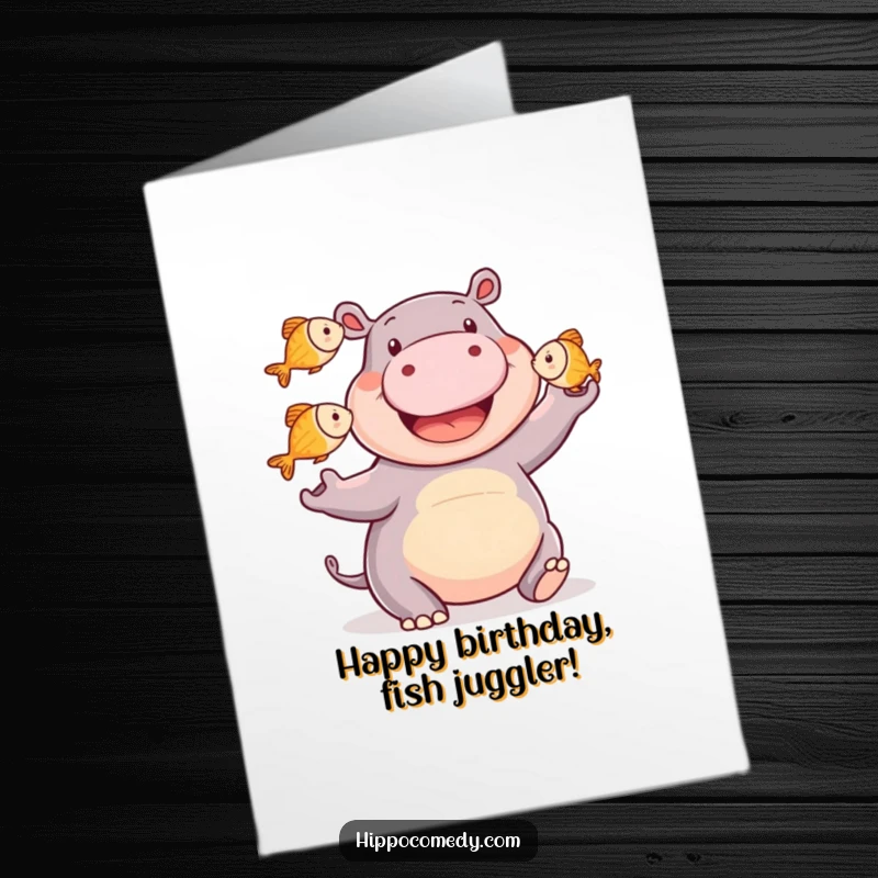 Funny free printable birthday card featuring a smiling hippopotamus skillfully juggling three small fish with a cheerful expression.