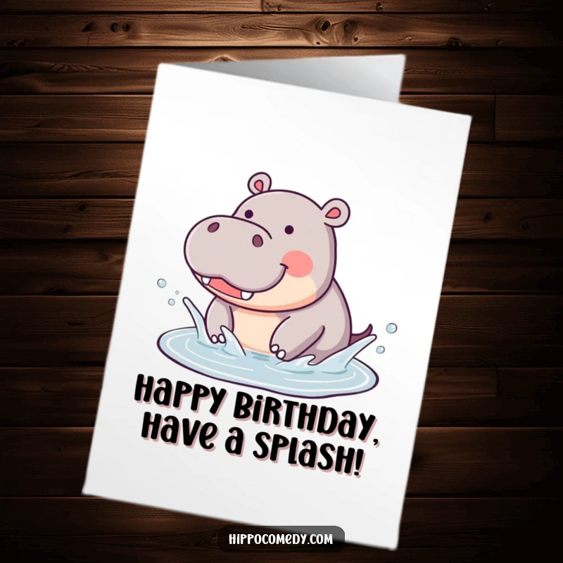 Funny Free Printable Birthday Card: A cute hippopotamus with a joyful expression, splashing happily in a small puddle.