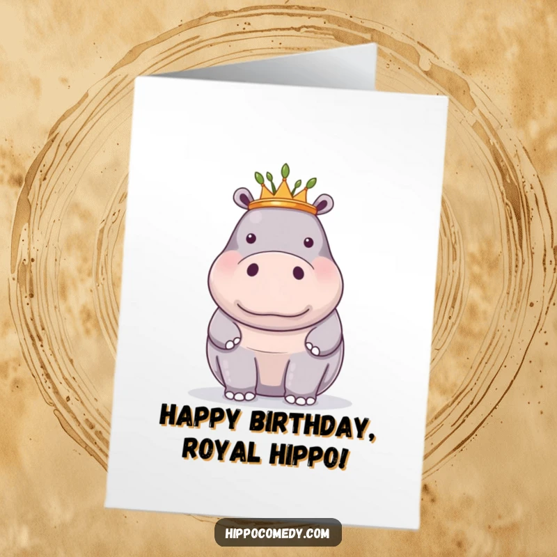 Funny Free Printable Birthday Card: A proud hippopotamus wears a delicate crown made of reeds, exuding regal charm and birthday wishes.