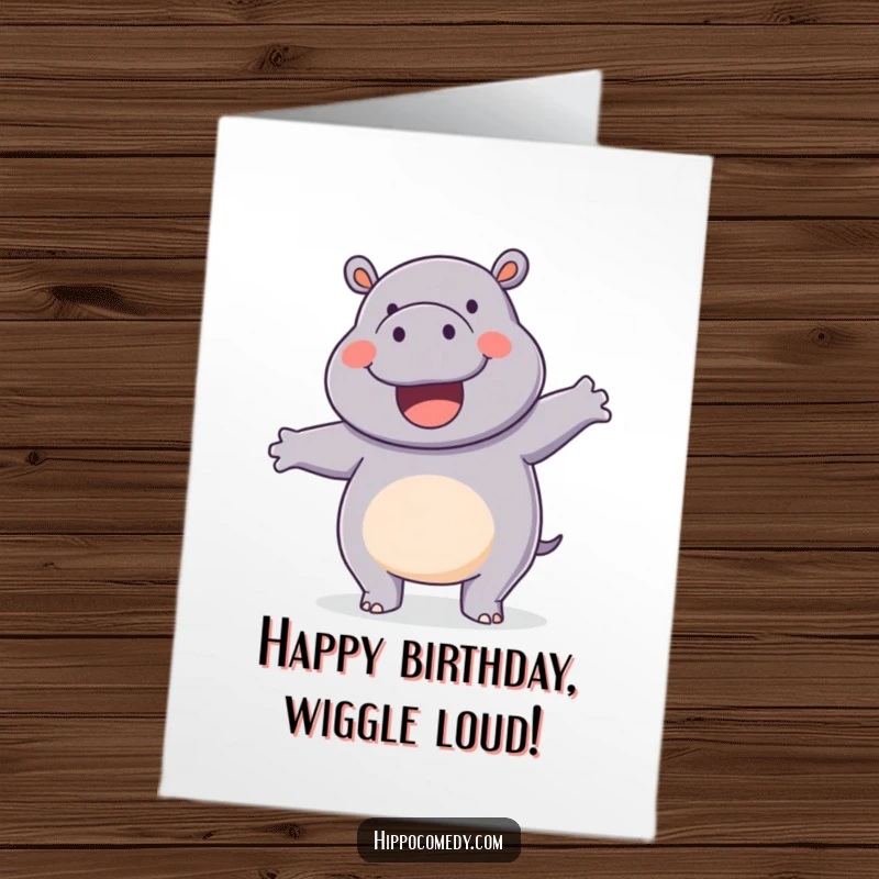 Funny Free Printable Birthday Card: A happy hippopotamus doing a silly wiggle dance. Joyful and energetic birthday art.