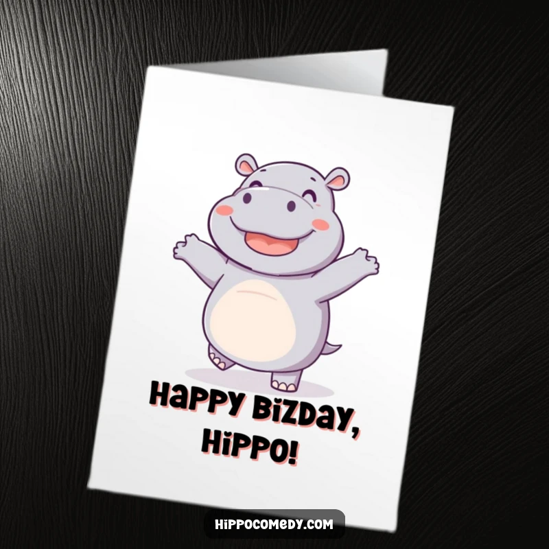 Funny free printable birthday card: A joyful hippo does a silly dance with its feet wiggling enthusiastically.