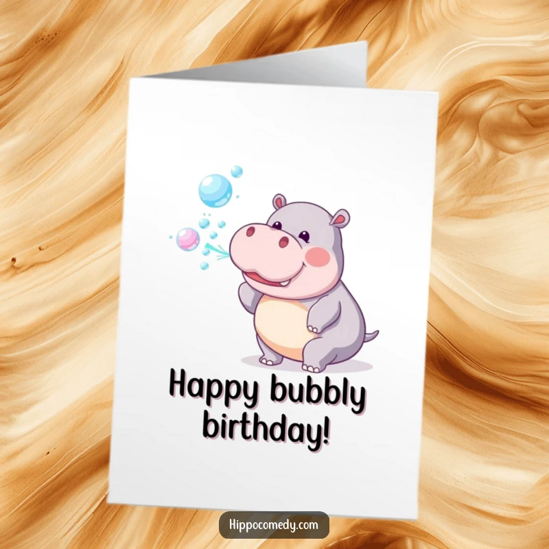 Funny Free Printable Birthday Card: A playful hippo happily blows a stream of colorful rainbow bubbles.