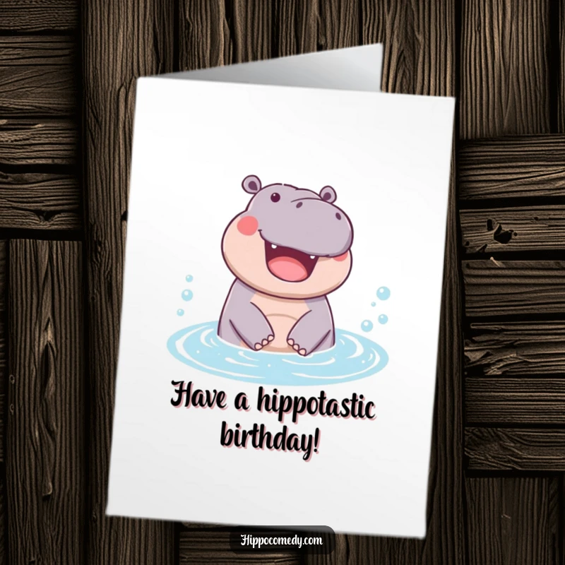 Funny Free Printable Birthday Card showing a hippo joyfully emerging from a bubbly pool, ready to party.