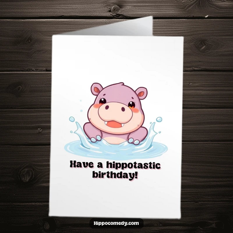 Funny Free Printable Birthday Card: Cute hippopotamus character splashing with pure joy in a bright blue pool.
