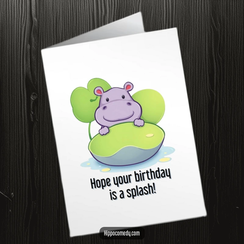 Funny free printable birthday card of a curious hippopotamus peeking from behind a lily pad, bringing a playful surprise.