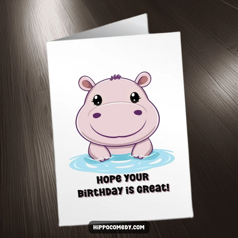 Funny Free Printable Birthday Card: A cheerful hippo with big round eyes peeking curiously above the water.