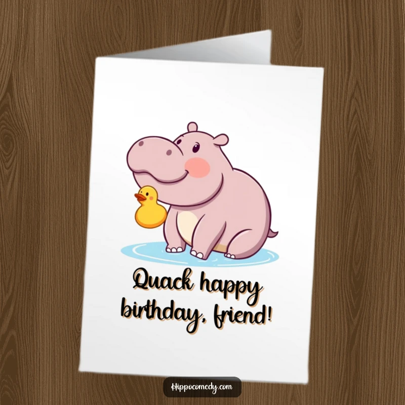 Funny Free Printable Birthday Card: Kawaii hippo with wide eyes, looking with pure delight at a floating rubber ducky.