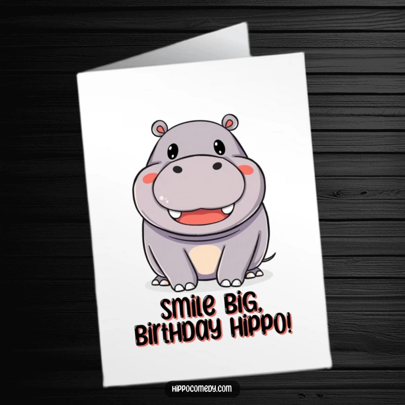Funny Free Printable Birthday Card: A joyful hippopotamus with an enormous, beaming smile, radiating happiness.